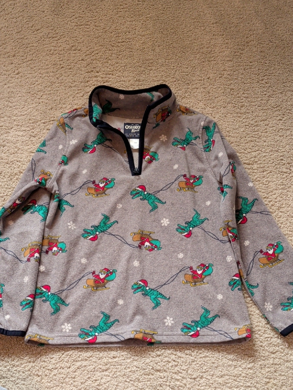 OshKosh B'gosh Gray Fleece Pullover with Santa Dinosaurs